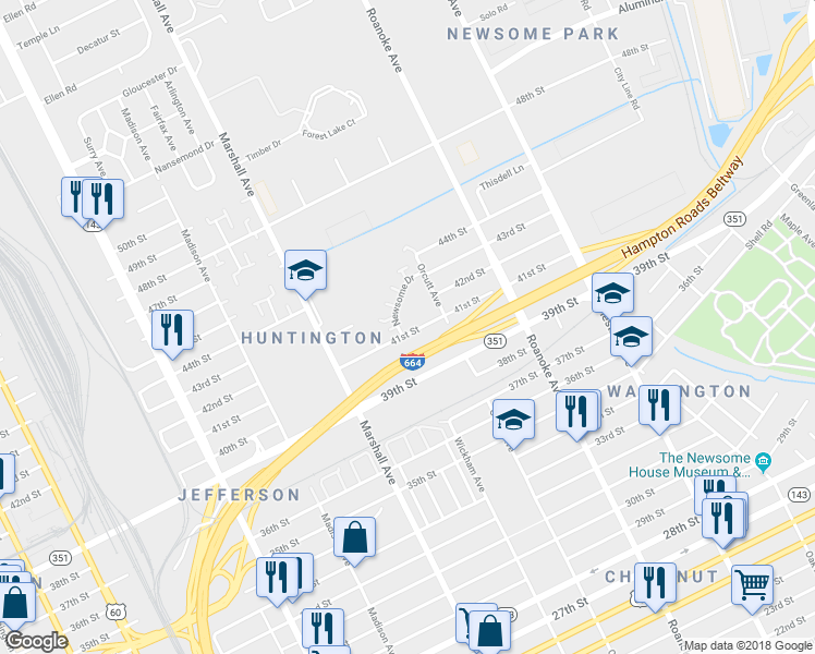map of restaurants, bars, coffee shops, grocery stores, and more near 4122 Newsome Drive in Newport News