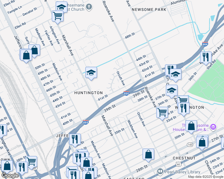 map of restaurants, bars, coffee shops, grocery stores, and more near 4141 Newsome Drive in Newport News