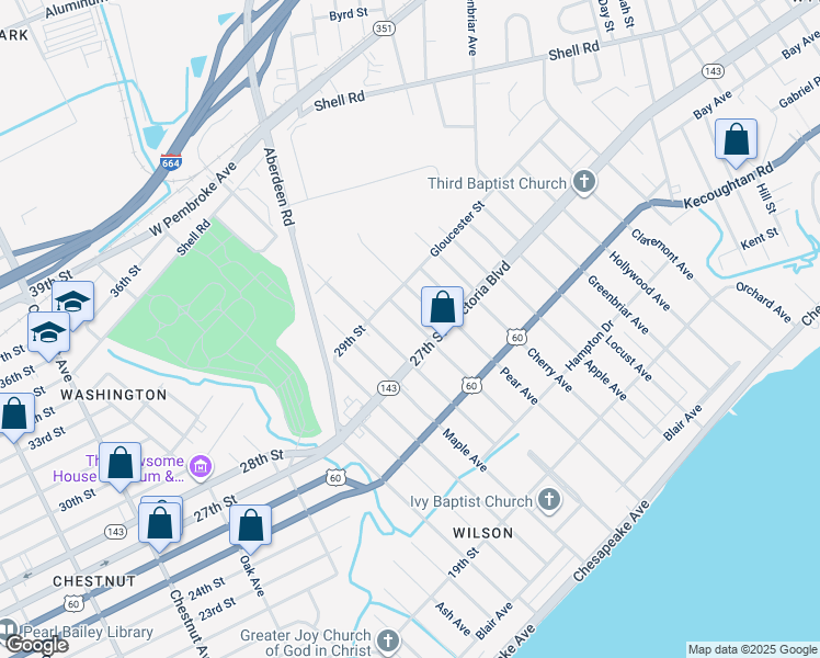 map of restaurants, bars, coffee shops, grocery stores, and more near 377 Dewey Avenue in Hampton