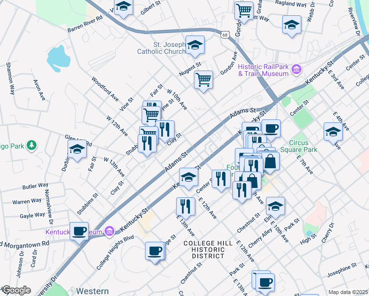 map of restaurants, bars, coffee shops, grocery stores, and more near 1115 Adams Street in Bowling Green