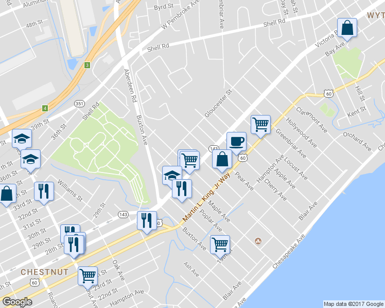map of restaurants, bars, coffee shops, grocery stores, and more near 377 Dewey Avenue in Hampton