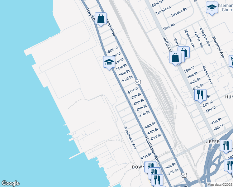 map of restaurants, bars, coffee shops, grocery stores, and more near 226 52nd Street in Newport News