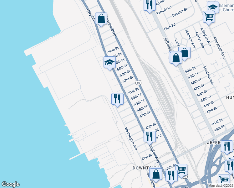 map of restaurants, bars, coffee shops, grocery stores, and more near 226 52nd Street in Newport News