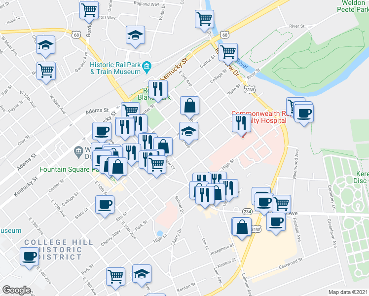 map of restaurants, bars, coffee shops, grocery stores, and more near 501 Chestnut Street in Bowling Green