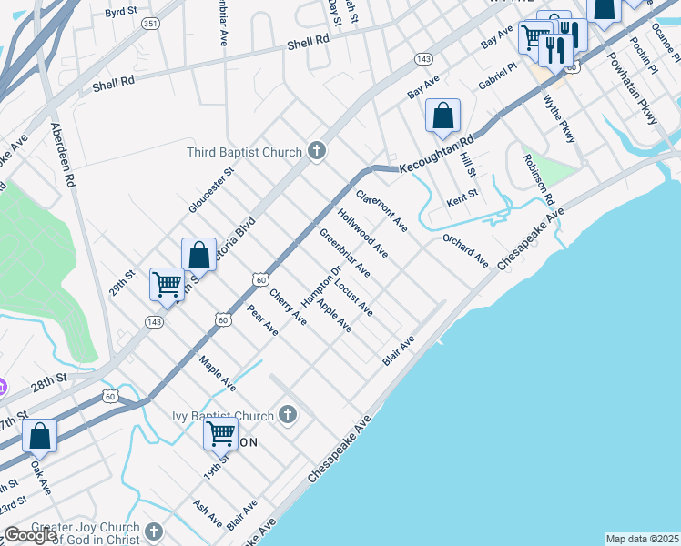 map of restaurants, bars, coffee shops, grocery stores, and more near 129 Locust Avenue in Hampton