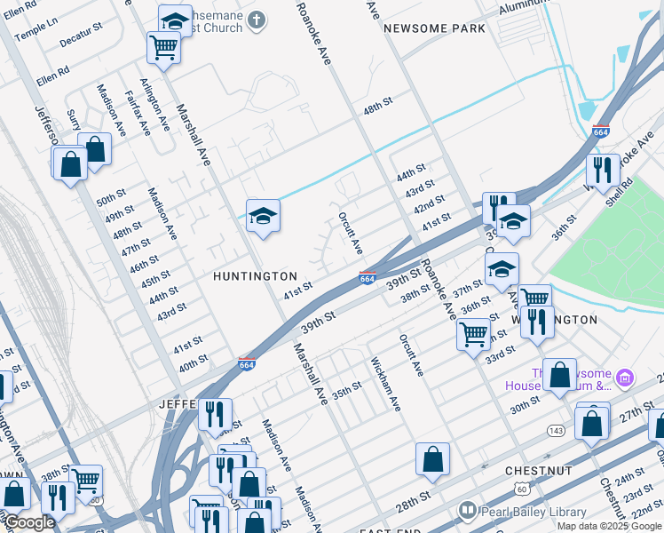 map of restaurants, bars, coffee shops, grocery stores, and more near 902 41st Street in Newport News