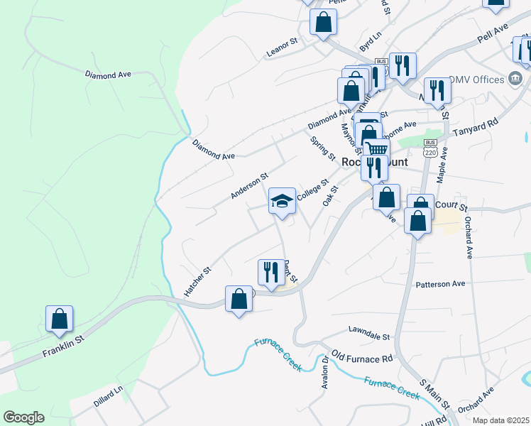 map of restaurants, bars, coffee shops, grocery stores, and more near 50 Hatcher Street in Rocky Mount