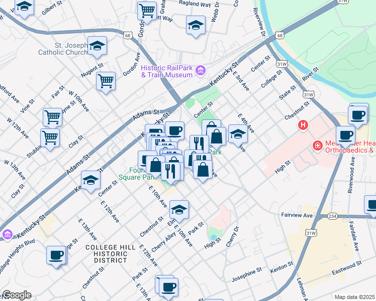 map of restaurants, bars, coffee shops, grocery stores, and more near 725 State Street in Bowling Green