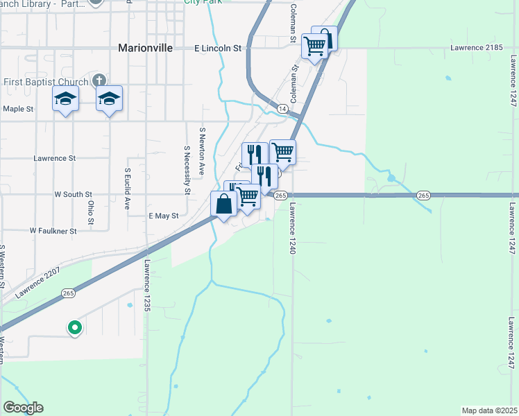 map of restaurants, bars, coffee shops, grocery stores, and more near 101 East Neil in Marionville