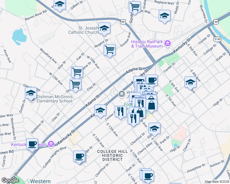 map of restaurants, bars, coffee shops, grocery stores, and more near 1020 Kentucky Street in Bowling Green