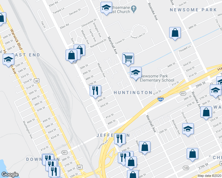 map of restaurants, bars, coffee shops, grocery stores, and more near 4500 Madison Avenue in Newport News