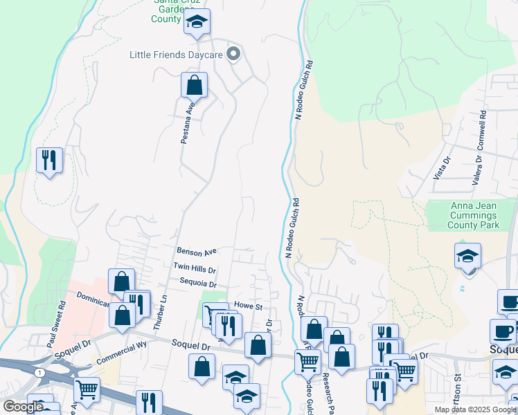 map of restaurants, bars, coffee shops, grocery stores, and more near 3696 Tiffani Court in Santa Cruz
