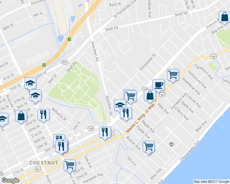 map of restaurants, bars, coffee shops, grocery stores, and more near 406 Maple Avenue in Newport News