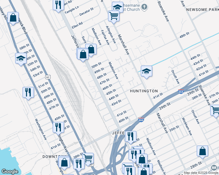 map of restaurants, bars, coffee shops, grocery stores, and more near 628 46th Street in Newport News