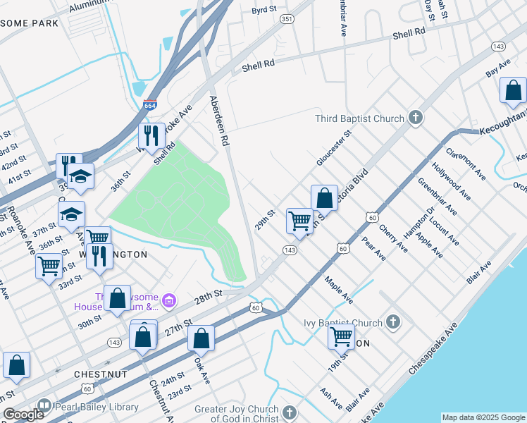 map of restaurants, bars, coffee shops, grocery stores, and more near 406 Maple Avenue in Newport News