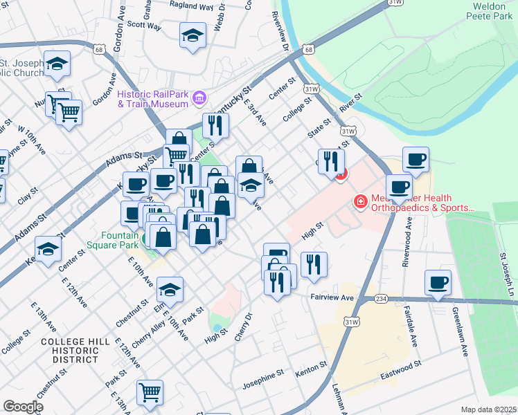 map of restaurants, bars, coffee shops, grocery stores, and more near 501 Chestnut Street in Bowling Green