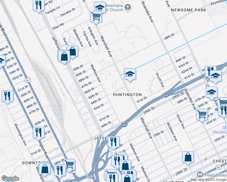 map of restaurants, bars, coffee shops, grocery stores, and more near 743 44th Street in Newport News