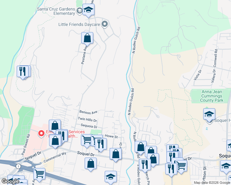 map of restaurants, bars, coffee shops, grocery stores, and more near 3696 Tiffani Court in Santa Cruz