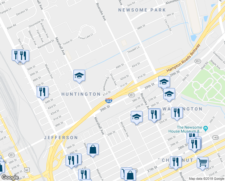 map of restaurants, bars, coffee shops, grocery stores, and more near 943 41st Street in Newport News