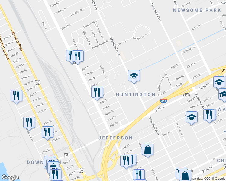 map of restaurants, bars, coffee shops, grocery stores, and more near 4506 Madison Avenue in Newport News