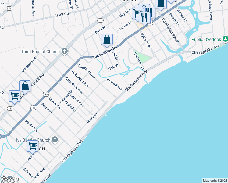 map of restaurants, bars, coffee shops, grocery stores, and more near 22 Claremont Avenue in Hampton