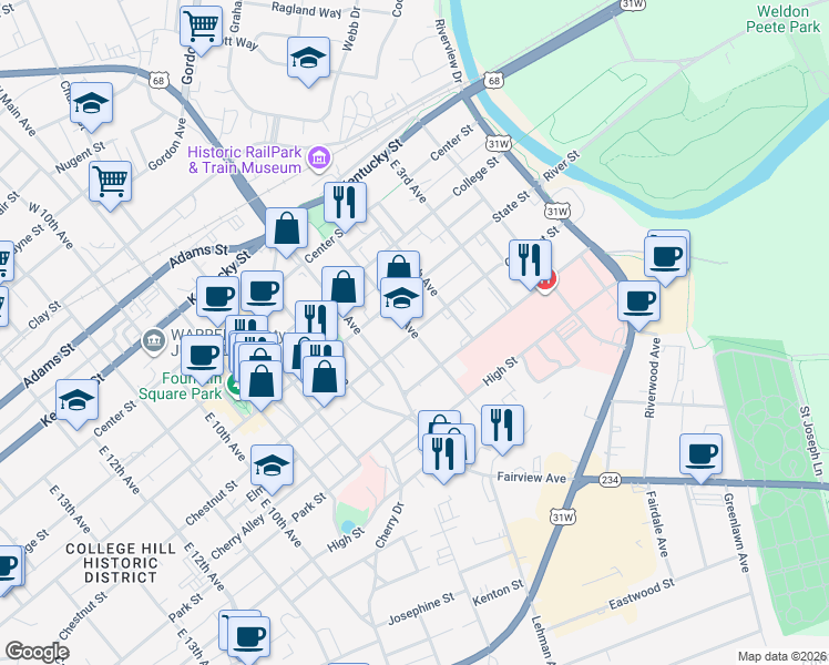 map of restaurants, bars, coffee shops, grocery stores, and more near 601 East 5th Avenue in Bowling Green