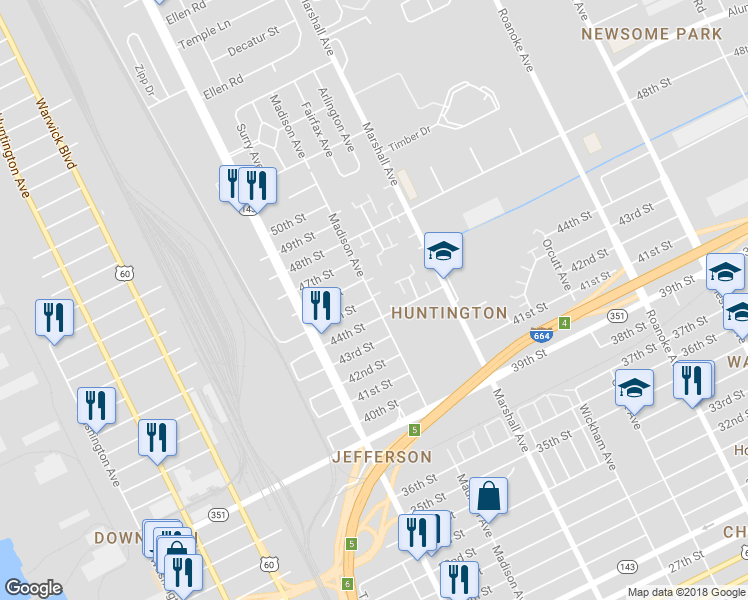 map of restaurants, bars, coffee shops, grocery stores, and more near 4510 Madison Avenue in Newport News