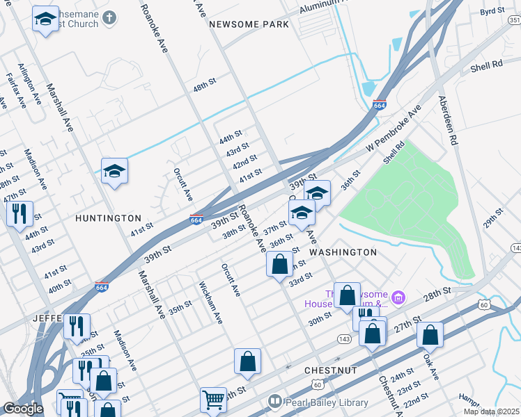 map of restaurants, bars, coffee shops, grocery stores, and more near 1144 39th Street in Newport News