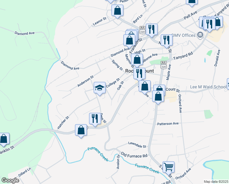 map of restaurants, bars, coffee shops, grocery stores, and more near 200 Oak Street in Rocky Mount
