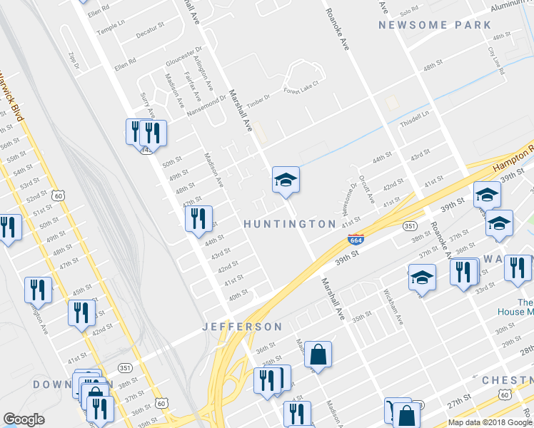 map of restaurants, bars, coffee shops, grocery stores, and more near 4401 Baughman Court in Newport News