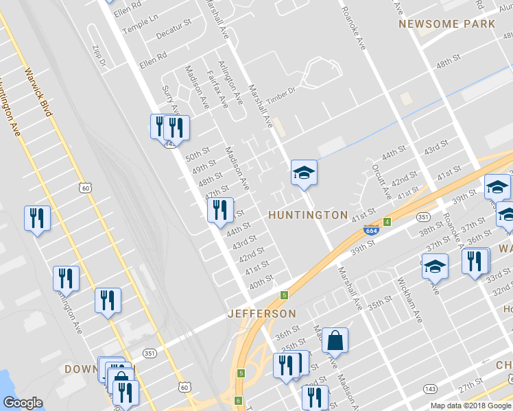map of restaurants, bars, coffee shops, grocery stores, and more near 4514 Madison Avenue in Newport News