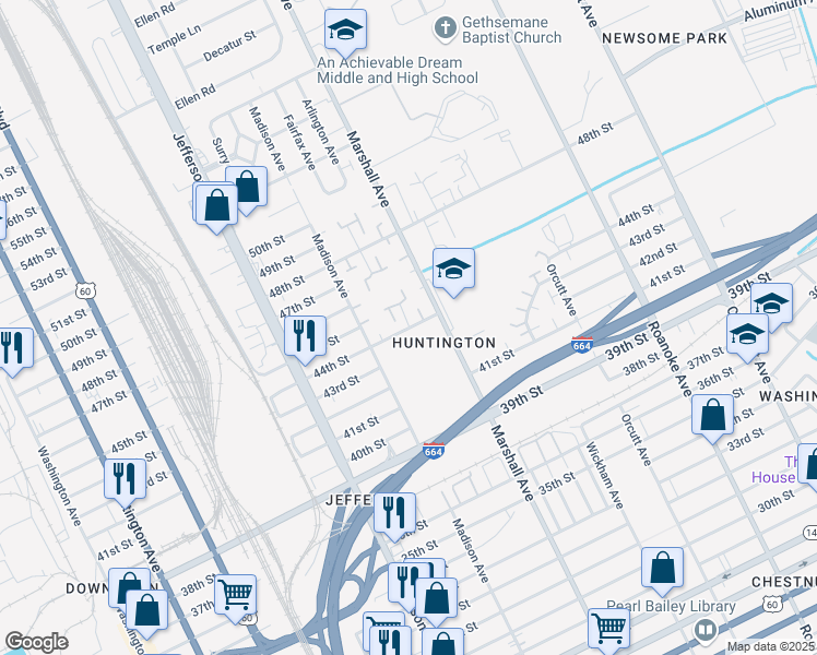 map of restaurants, bars, coffee shops, grocery stores, and more near 725 44th Street in Newport News