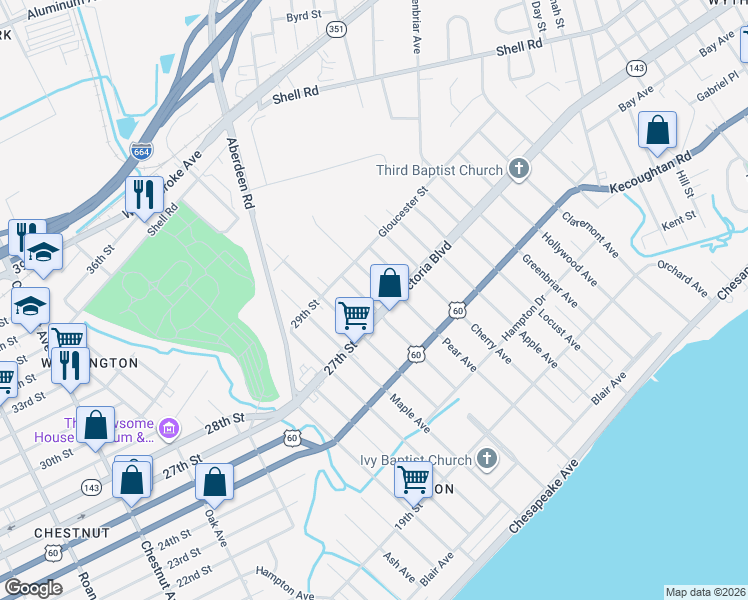 map of restaurants, bars, coffee shops, grocery stores, and more near 381 Sampson Avenue in Hampton