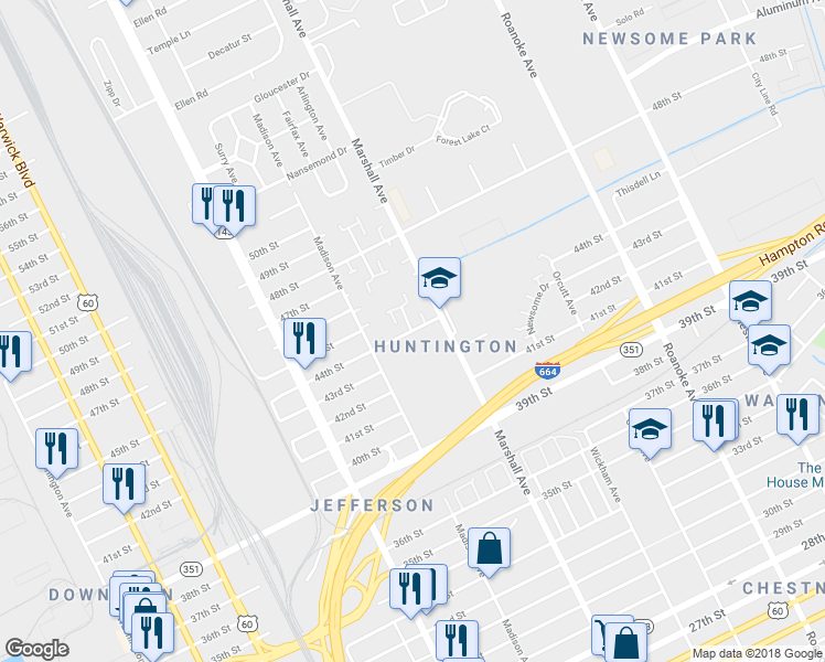 map of restaurants, bars, coffee shops, grocery stores, and more near 729 44th Street in Newport News