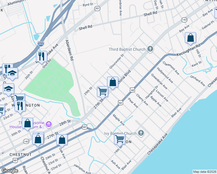 map of restaurants, bars, coffee shops, grocery stores, and more near 381 Sampson Avenue in Hampton