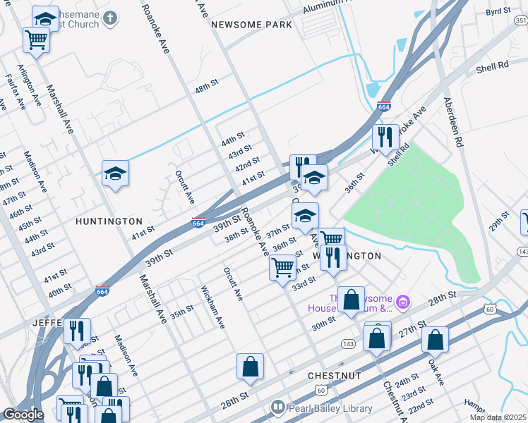 map of restaurants, bars, coffee shops, grocery stores, and more near 1144 39th Street in Newport News