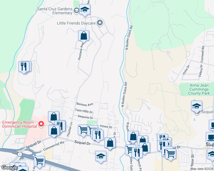 map of restaurants, bars, coffee shops, grocery stores, and more near 3705 Tiffani Court in Santa Cruz