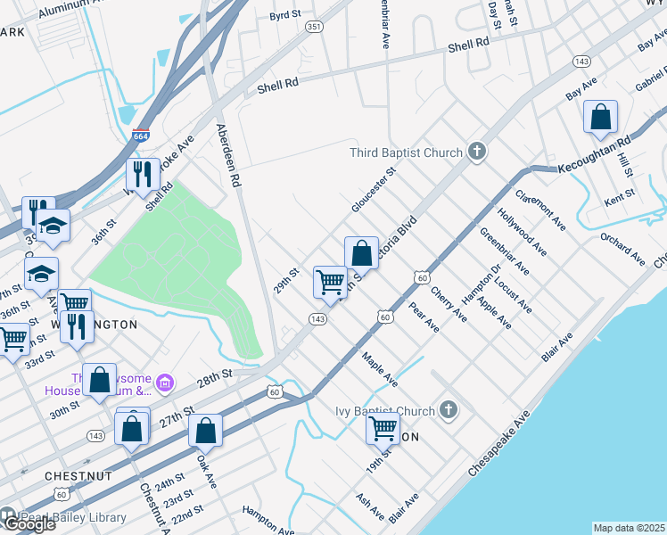 map of restaurants, bars, coffee shops, grocery stores, and more near 379 Dewey Avenue in Hampton