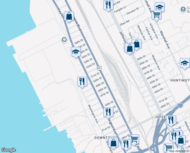 map of restaurants, bars, coffee shops, grocery stores, and more near 322 51st Street in Newport News