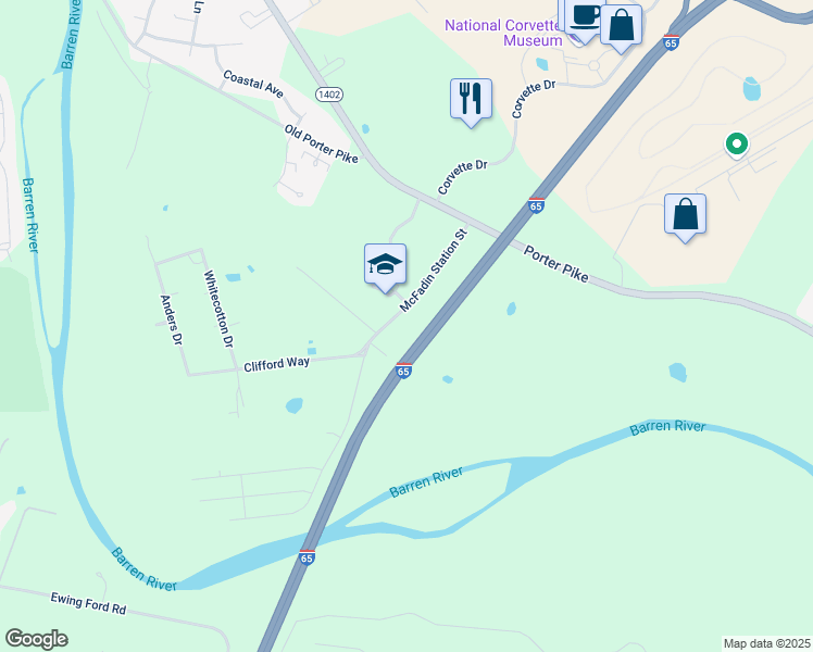 map of restaurants, bars, coffee shops, grocery stores, and more near 301 McFadin Station Street in Bowling Green