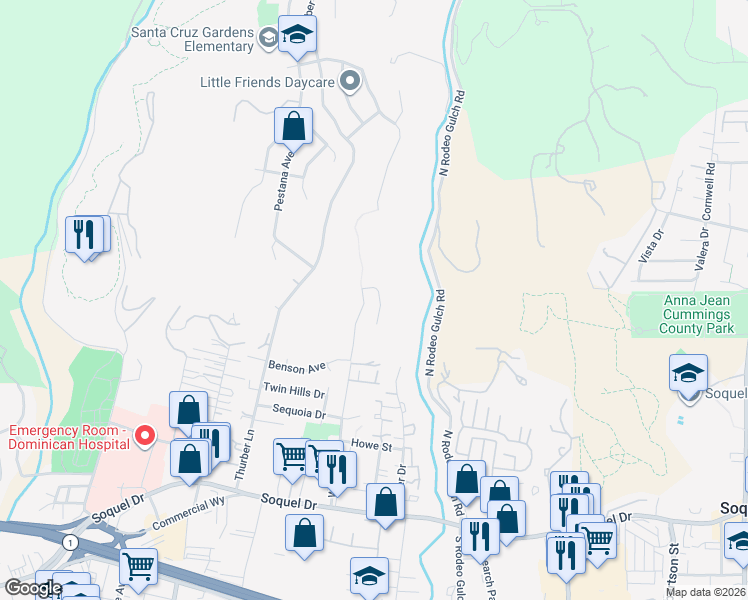 map of restaurants, bars, coffee shops, grocery stores, and more near 3705 Tiffani Court in Santa Cruz
