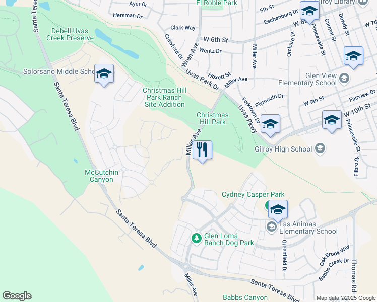 map of restaurants, bars, coffee shops, grocery stores, and more near 6987 Miller Avenue in Gilroy