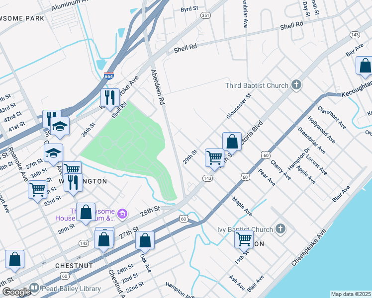 map of restaurants, bars, coffee shops, grocery stores, and more near 414 Maple Avenue in Newport News