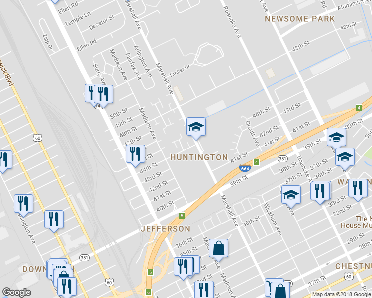 map of restaurants, bars, coffee shops, grocery stores, and more near 741 44th Street in Newport News
