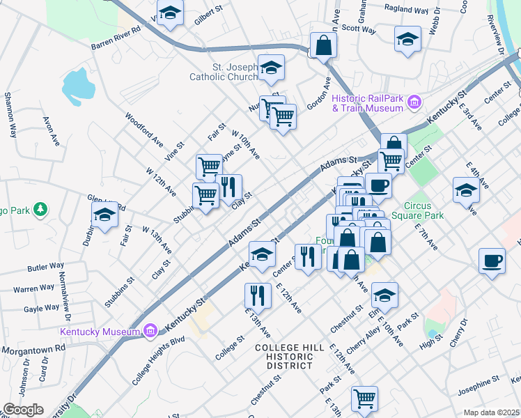 map of restaurants, bars, coffee shops, grocery stores, and more near 1103 Adams Street in Bowling Green