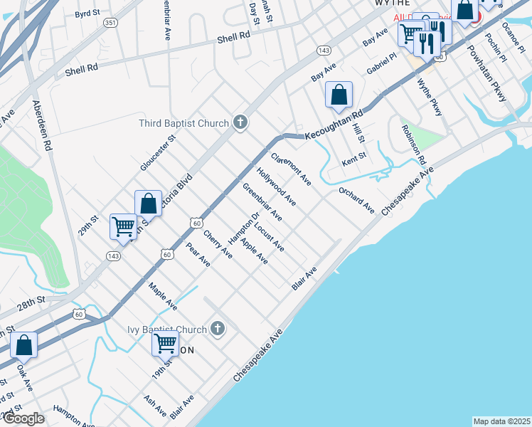 map of restaurants, bars, coffee shops, grocery stores, and more near 141 Greenbriar Avenue in Hampton