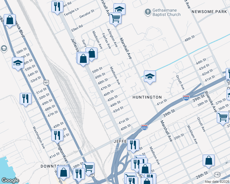map of restaurants, bars, coffee shops, grocery stores, and more near 628 47th Street in Newport News