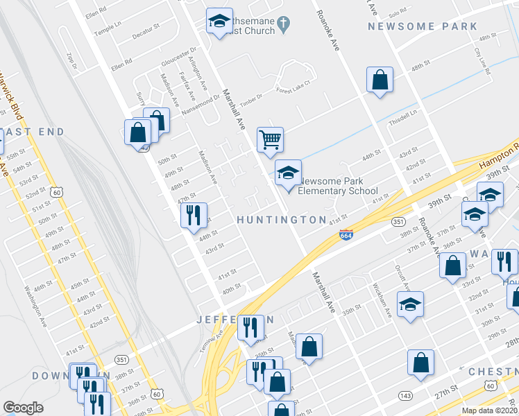 map of restaurants, bars, coffee shops, grocery stores, and more near 4404 Baughman Court in Newport News