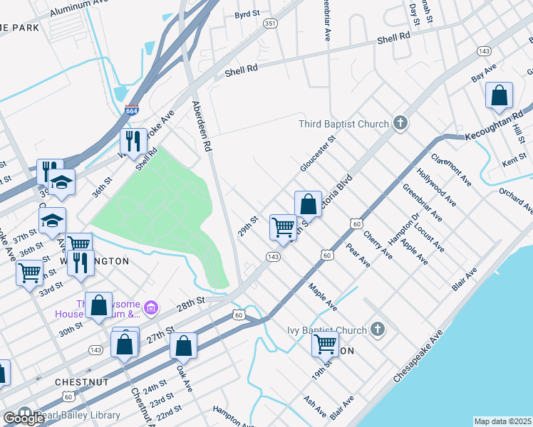 map of restaurants, bars, coffee shops, grocery stores, and more near 392 Pine Avenue in Newport News