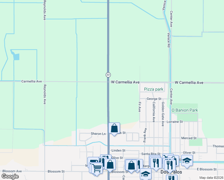 map of restaurants, bars, coffee shops, grocery stores, and more near 20064 California 33 in Dos Palos